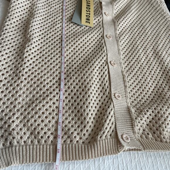 Sandstone Mens L Beige Knit Button Down Knit Polo Retro 70s Resort Quiet Luxury - Picture 8 of 10